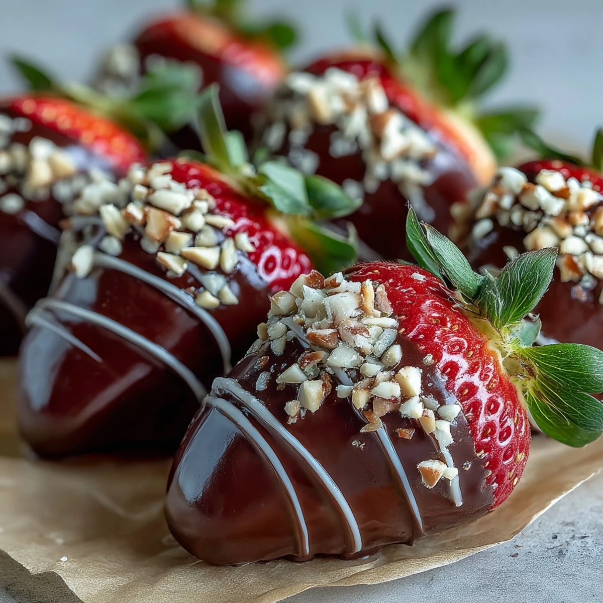 Chocolate-Covered Strawberries on a parchment-lined tray with a decorative white chocolate drizzle.