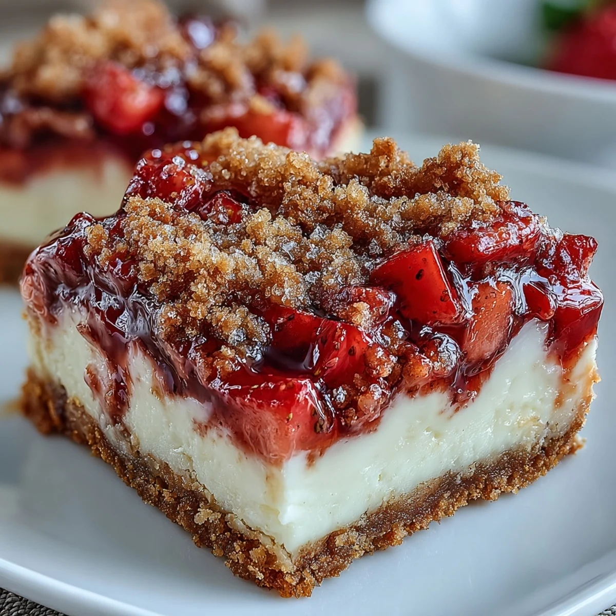 Freshly baked Strawberry Cheesecake Bars with a golden cinnamon streusel topping rest on a cooling rack.