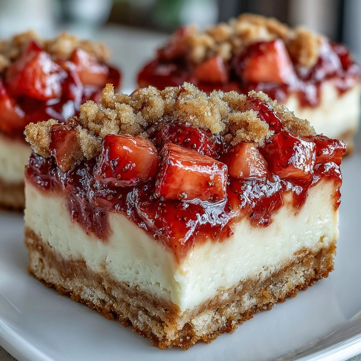 Homemade Strawberry Cheesecake Bars cut into squares, showing creamy layer and juicy strawberries on a marble counter.