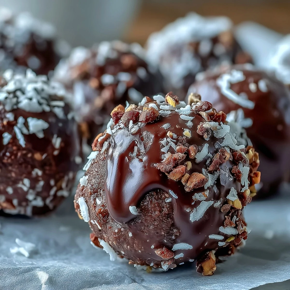 Rich chocolate truffles coated in cocoa powder and finely chopped nuts, ready to serve at a cozy gathering.