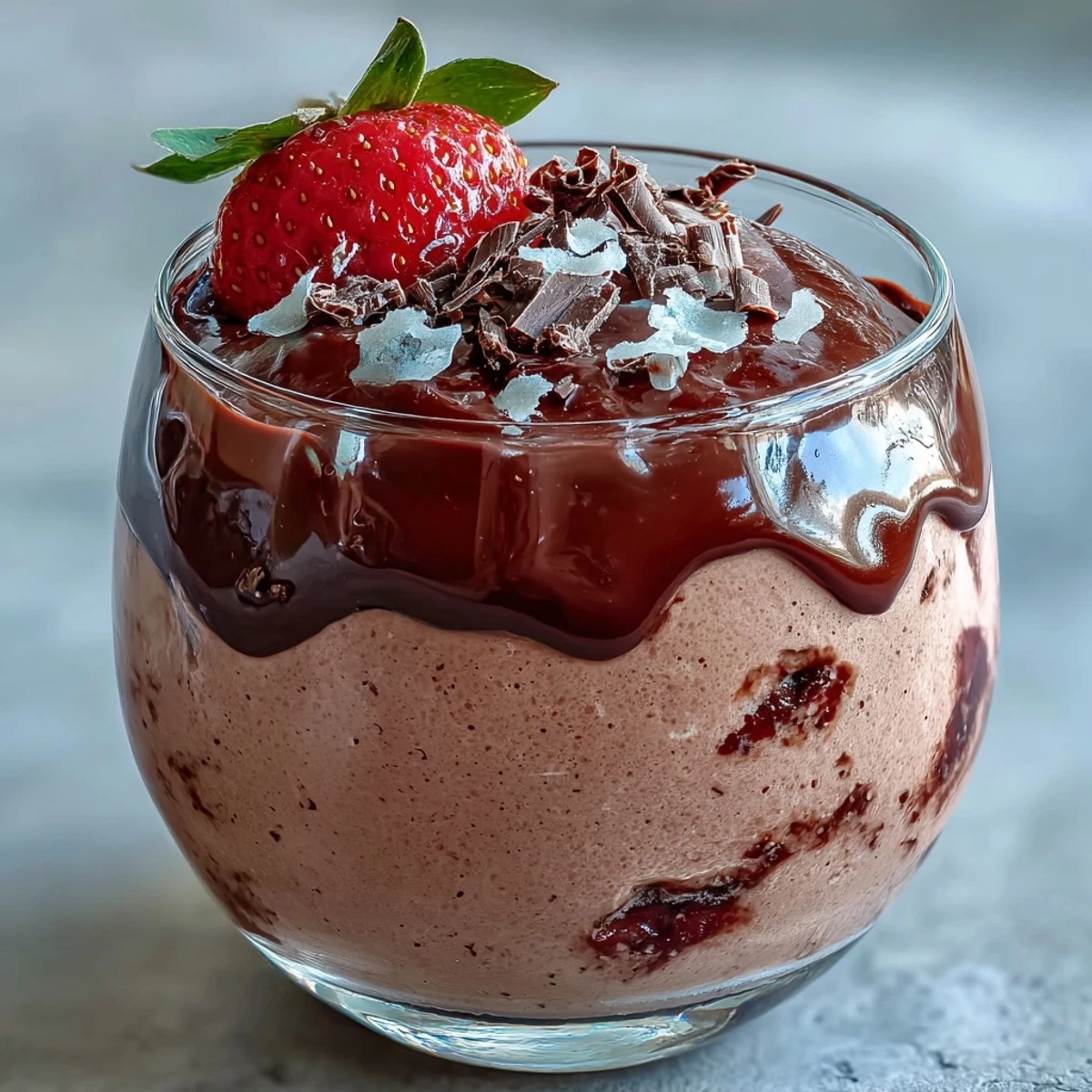 Chocolate-Covered Strawberry Mousse layered in a glass with silky ganache and fresh berry garnish.