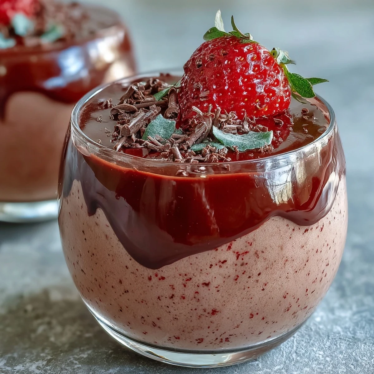 Homemade Chocolate-Covered Strawberry Mousse topped with shaved chocolate and mint in a dessert glass.