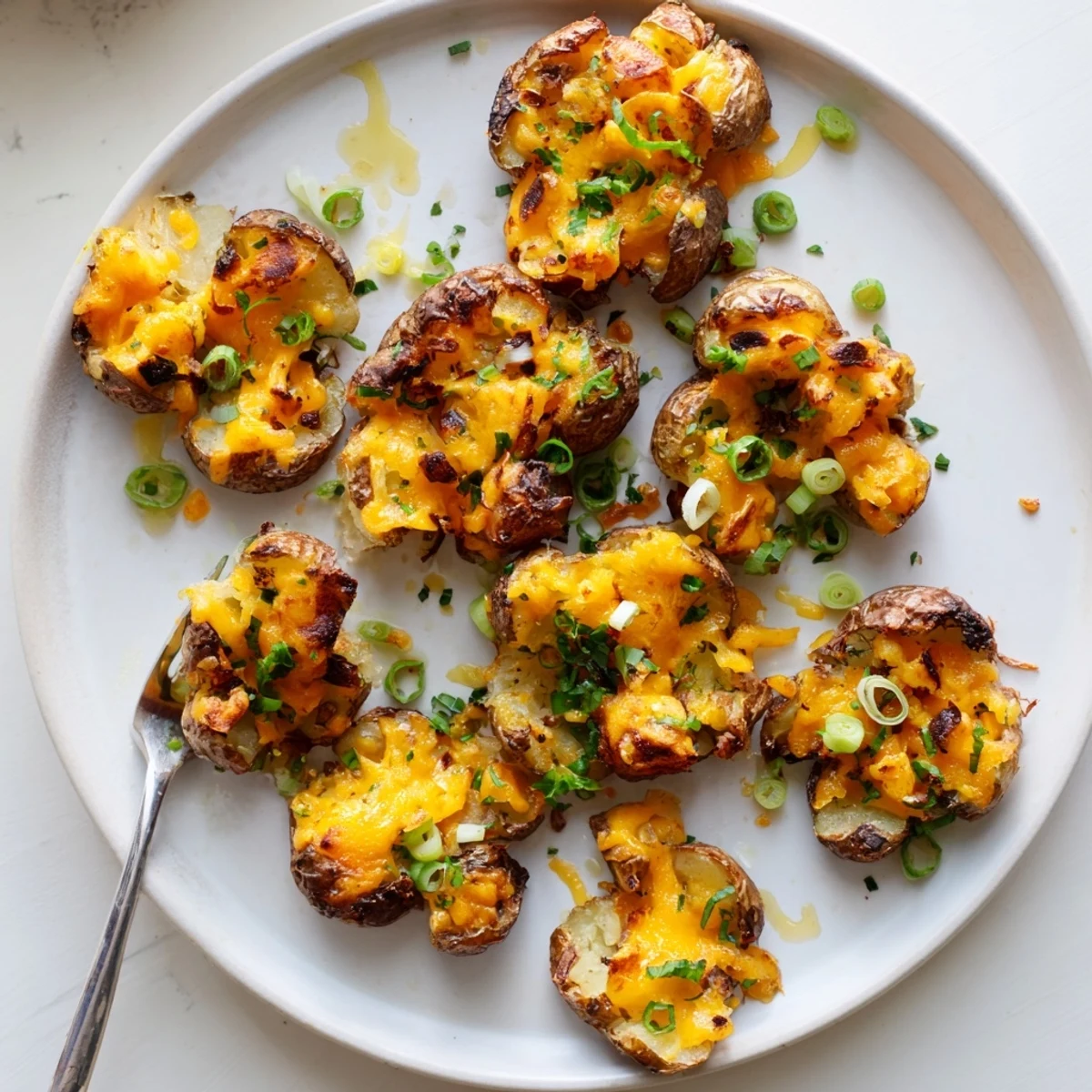 Crispy Smashed Green Onion Potato Bombs topped with melted cheese and fresh herbs.  