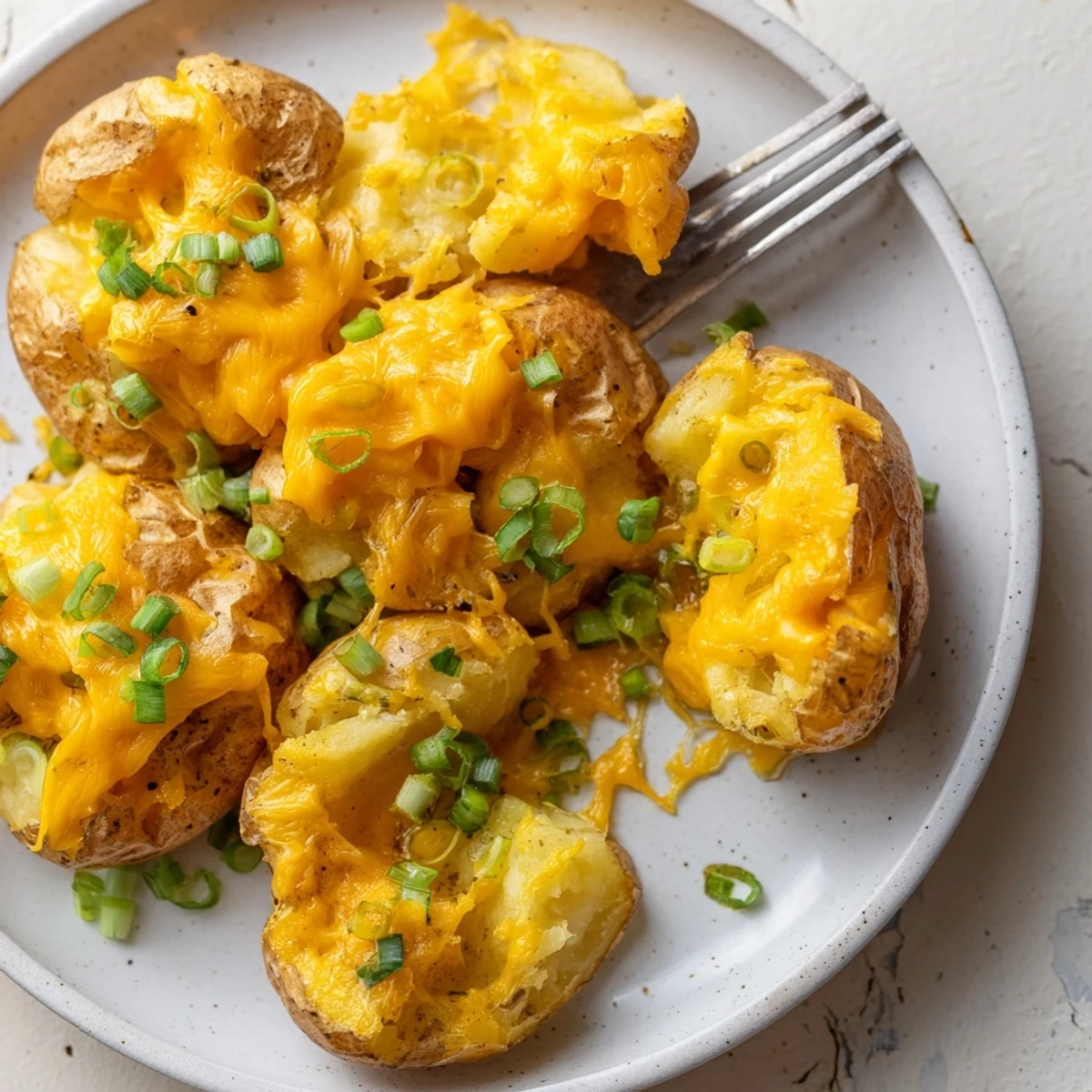 Golden brown smashed potatoes with vibrant green onions, perfect for sharing at parties.  