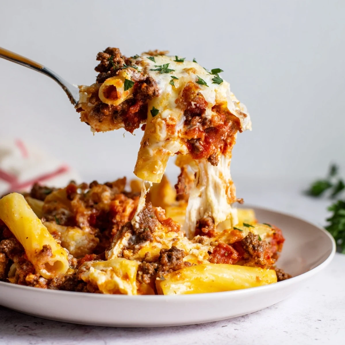 Baked Ziti with meat sauce topped with golden melted cheese, inviting for family gatherings.  
