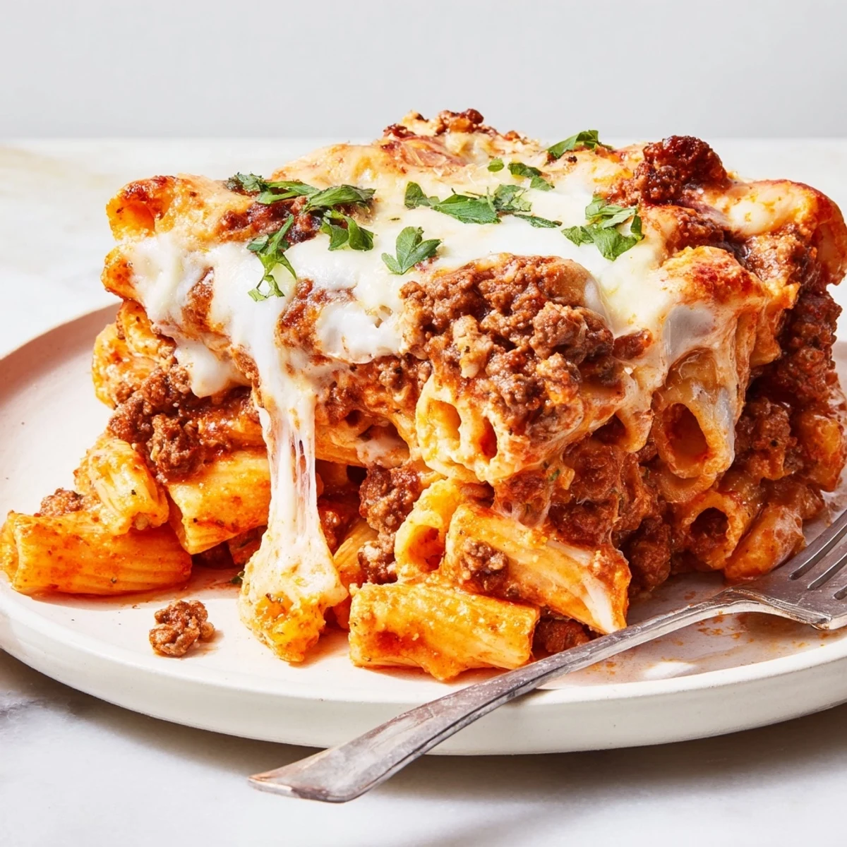 Deliciously baked ziti with savory meat sauce and bubbly cheese, perfect for dinner.  