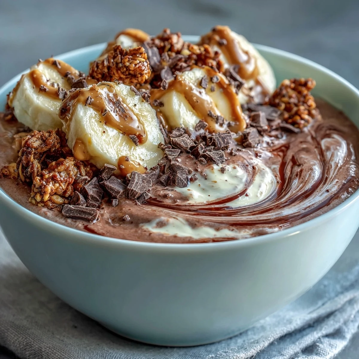 Close-up of a thick Chocolate Peanut Butter Smoothie Bowl topped with sliced bananas, granola, chopped dark chocolate, and a peanut butter drizzle on a rustic table.