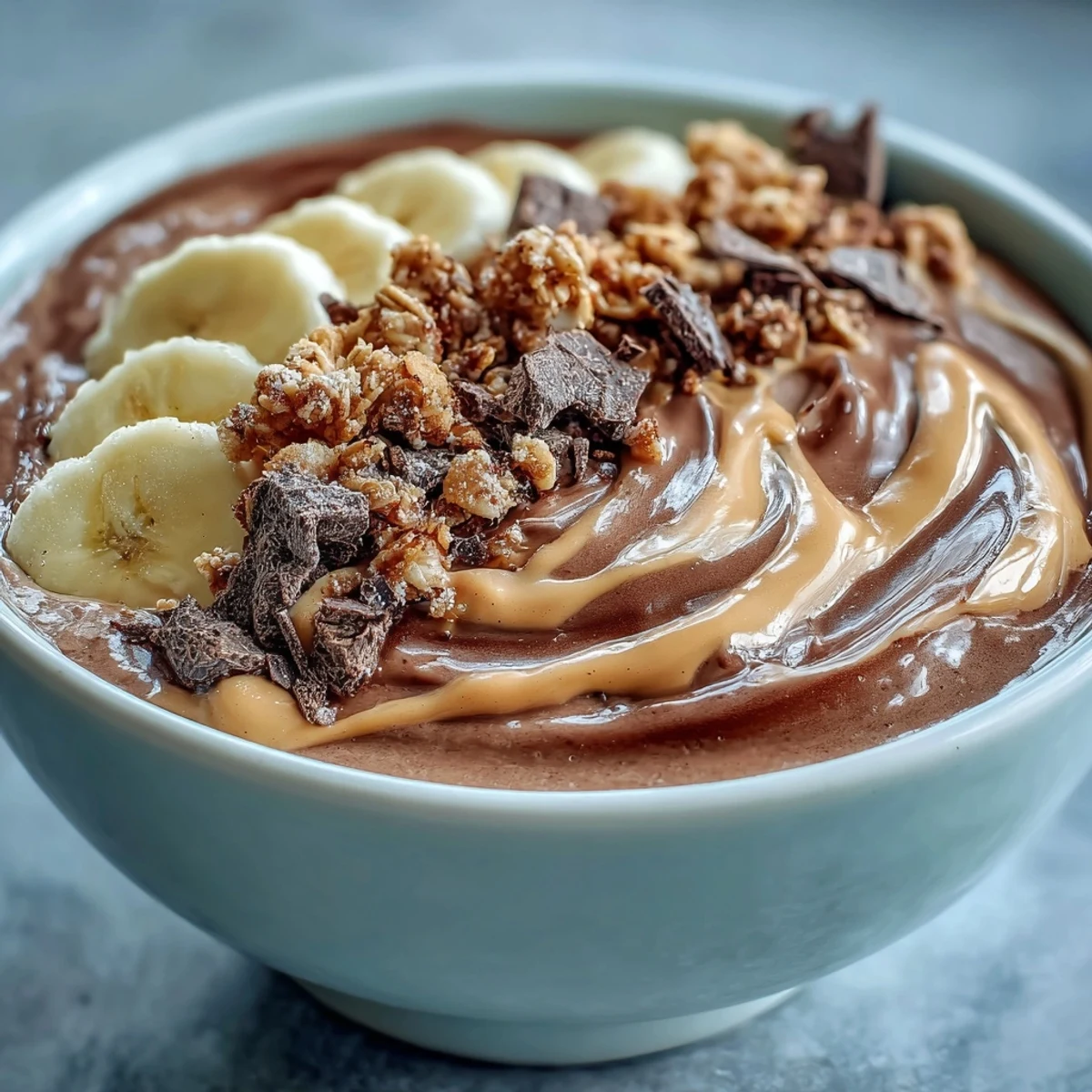 A nourishing Chocolate Peanut Butter Smoothie Bowl with creamy cocoa and peanut butter base, loaded with fresh banana slices and crunchy granola for a healthy breakfast.