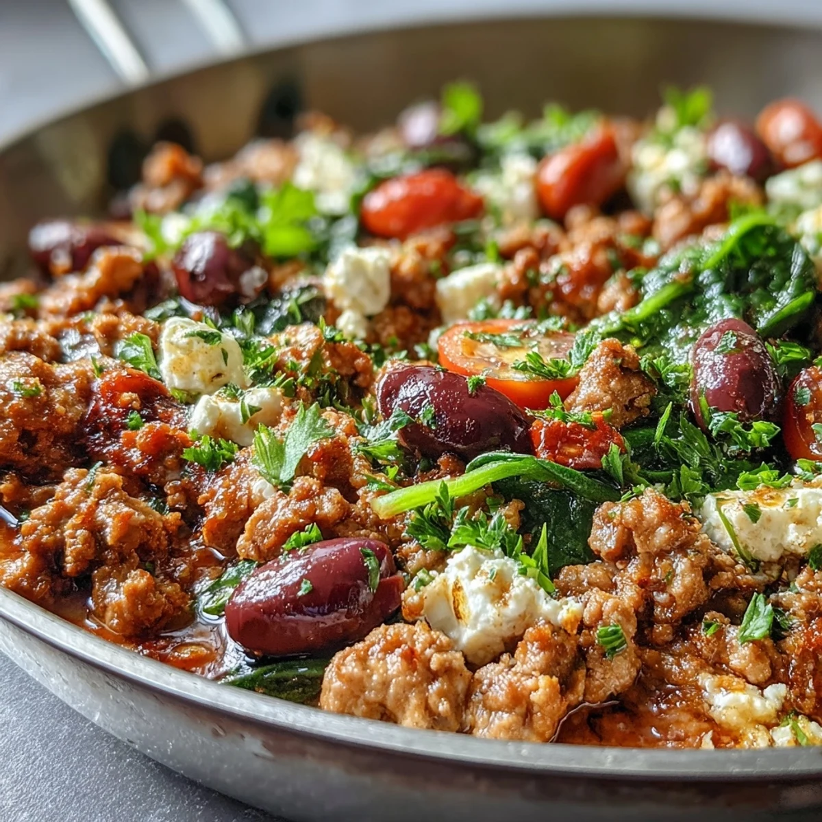Freshly crumbled feta and halved cherry tomatoes top the Mediterranean Keto Ground Chicken Skillet with Olives and Feta, steam rising from the hot pan.