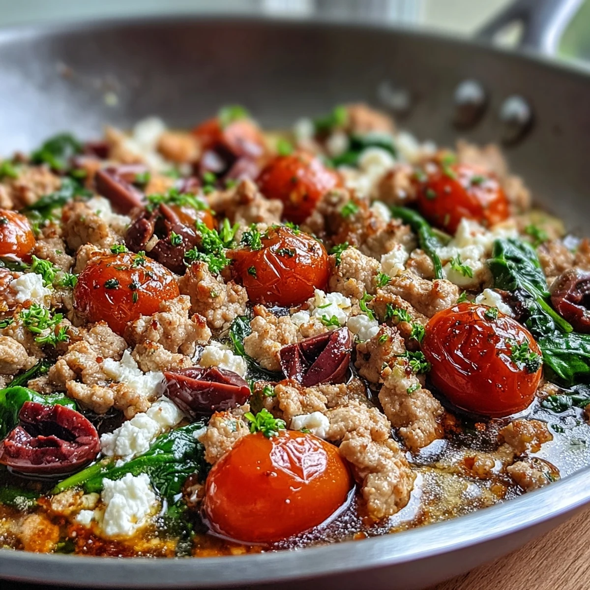 In a large skillet, Mediterranean Keto Ground Chicken Skillet with Olives and Feta is tossed with briny Kalamata olives and wilted baby spinach.