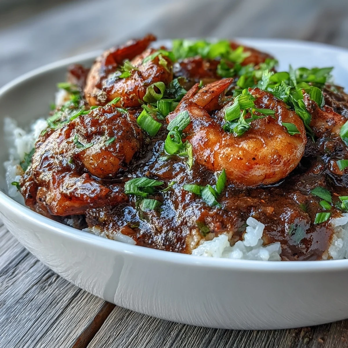 Classic New Orleans Étouffée served over fluffy white rice, garnished with fresh parsley and green onions.