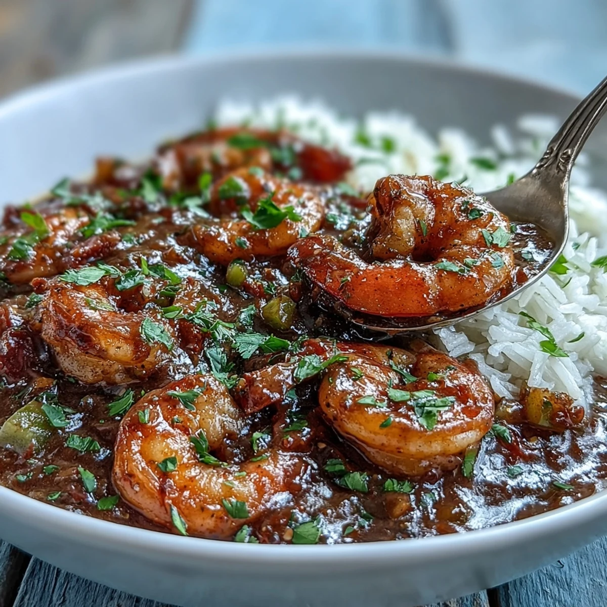 Steam rises from a hearty bowl of Classic New Orleans Étouffée next to a piece of crusty bread.