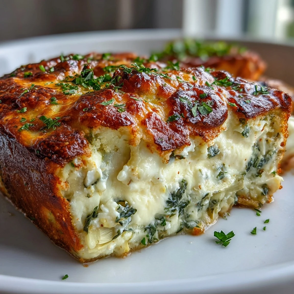 Close-up of High Protein Spinach Artichoke Bake with a golden top, revealing the rich, protein-packed interior and savory herbs.