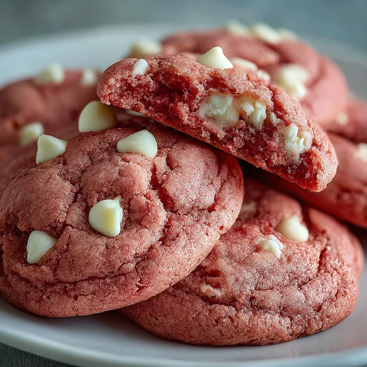 Soft, chewy Pink Velvet Cookies with white chocolate chips on a rustic wooden board.
