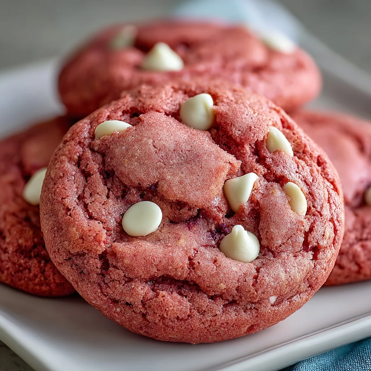 Vibrant Pink Velvet Cookies studded with creamy white chocolate chips, fresh from the oven.