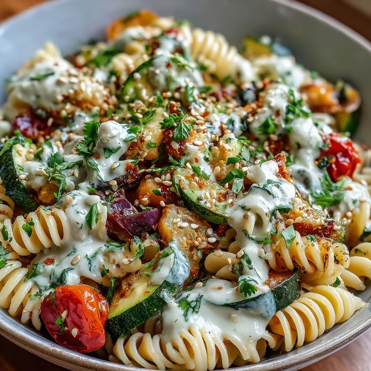 Tossing cooked chickpea pasta with roasted vegetables and creamy tahini sauce, ready to serve for a nourishing dinner.