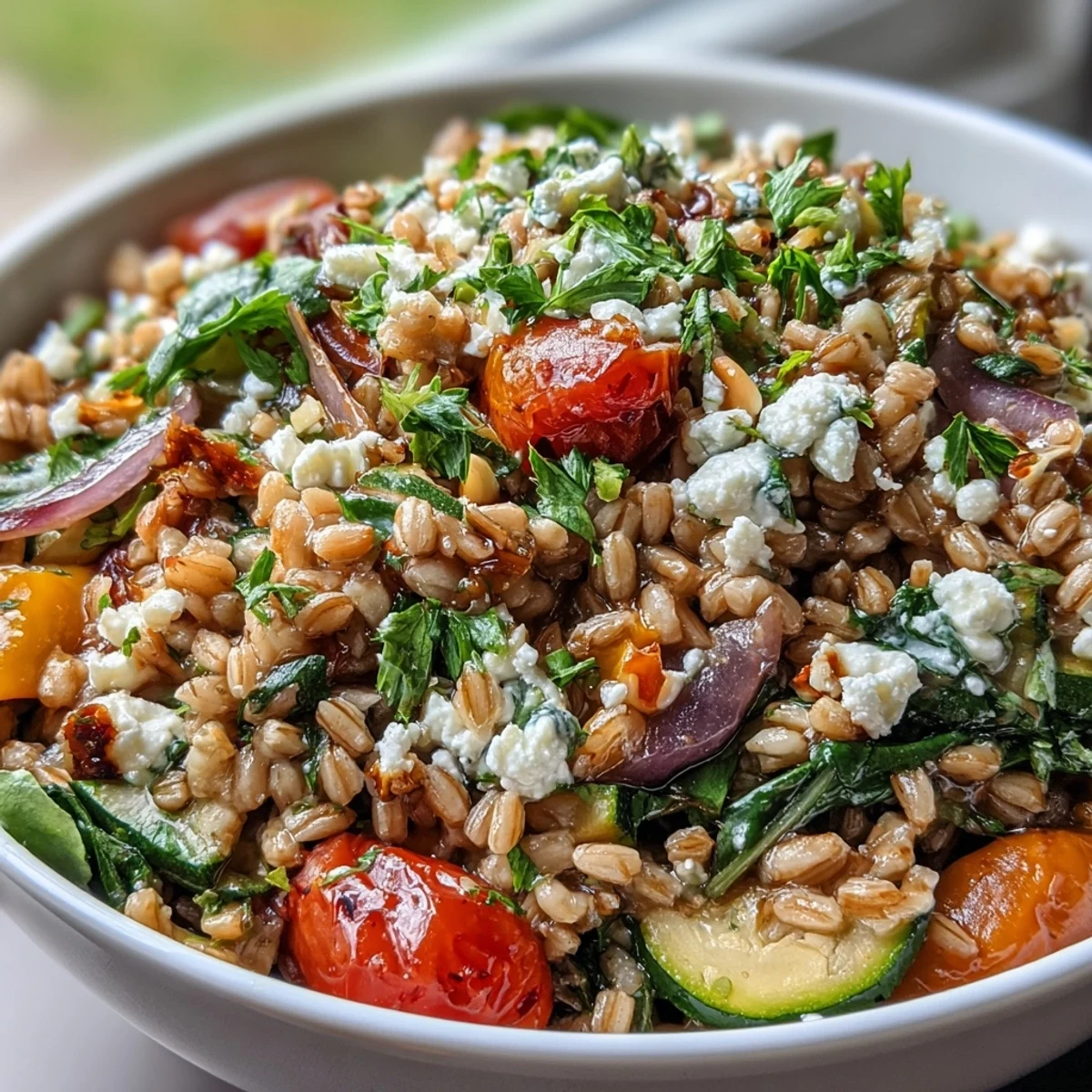 Close-up of a freshly prepared Farro Pasta Bowl, showing colorful Mediterranean vegetables and crumbled feta cheese, offering a wholesome and textured vegetarian main dish for lunch.