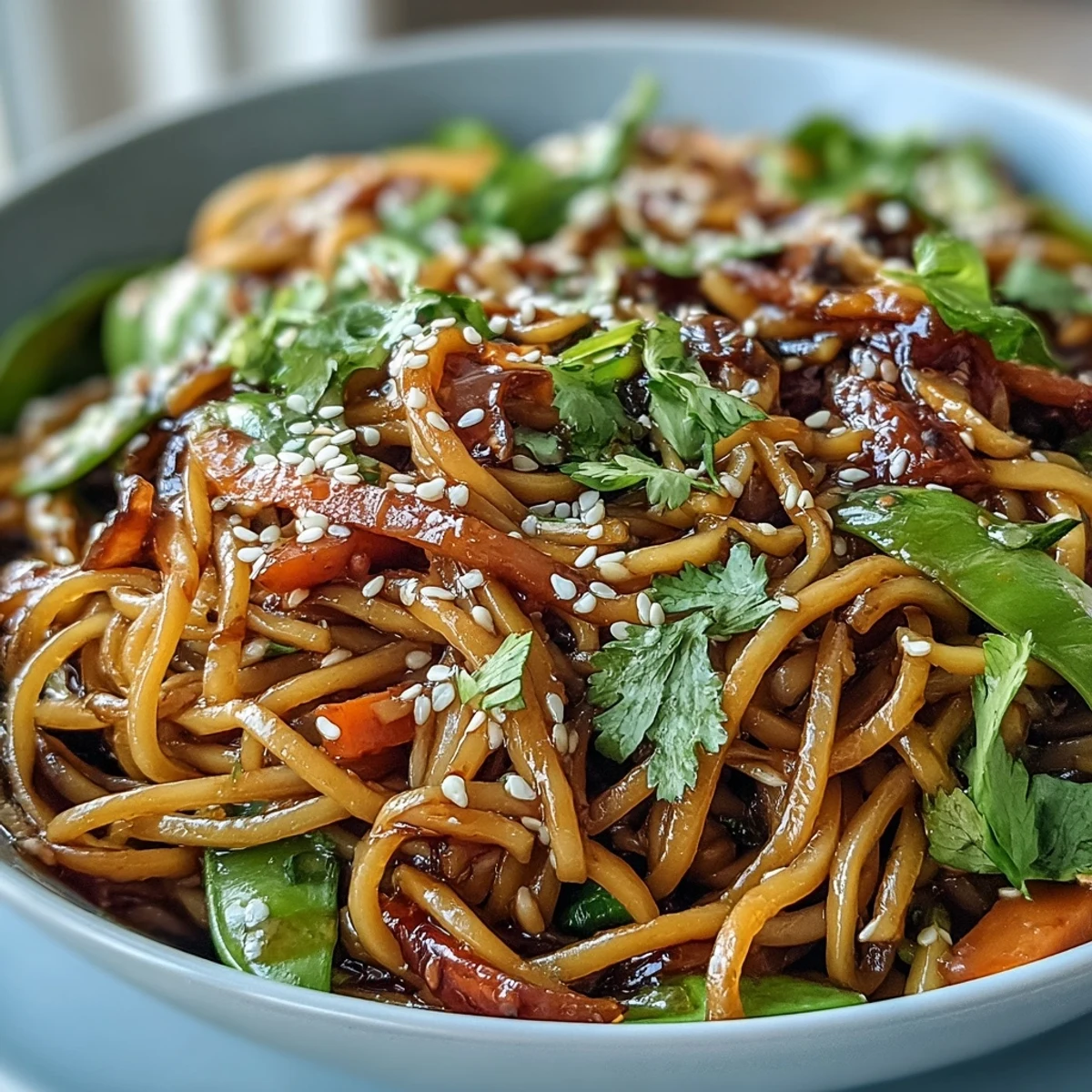 Steaming bowl of Shirataki Noodle Bowl featuring julienned carrots, green onions, and a glossy tamari-sesame drizzle.