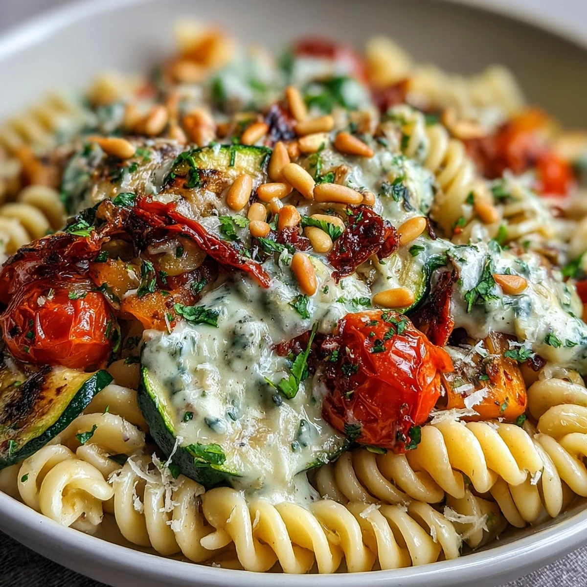 Creamy whole wheat pasta bowl with roasted zucchini, bell peppers, and cherry tomatoes, topped with toasted pine nuts for a satisfying vegetarian dinner.