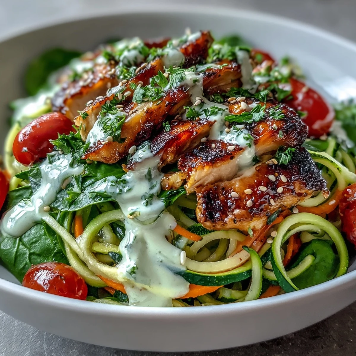 Colorful spiralized vegetable bowl with zucchini and sweet potato noodles topped with grilled chicken, cherry tomatoes, and spinach, drizzled with creamy tahini sauce.