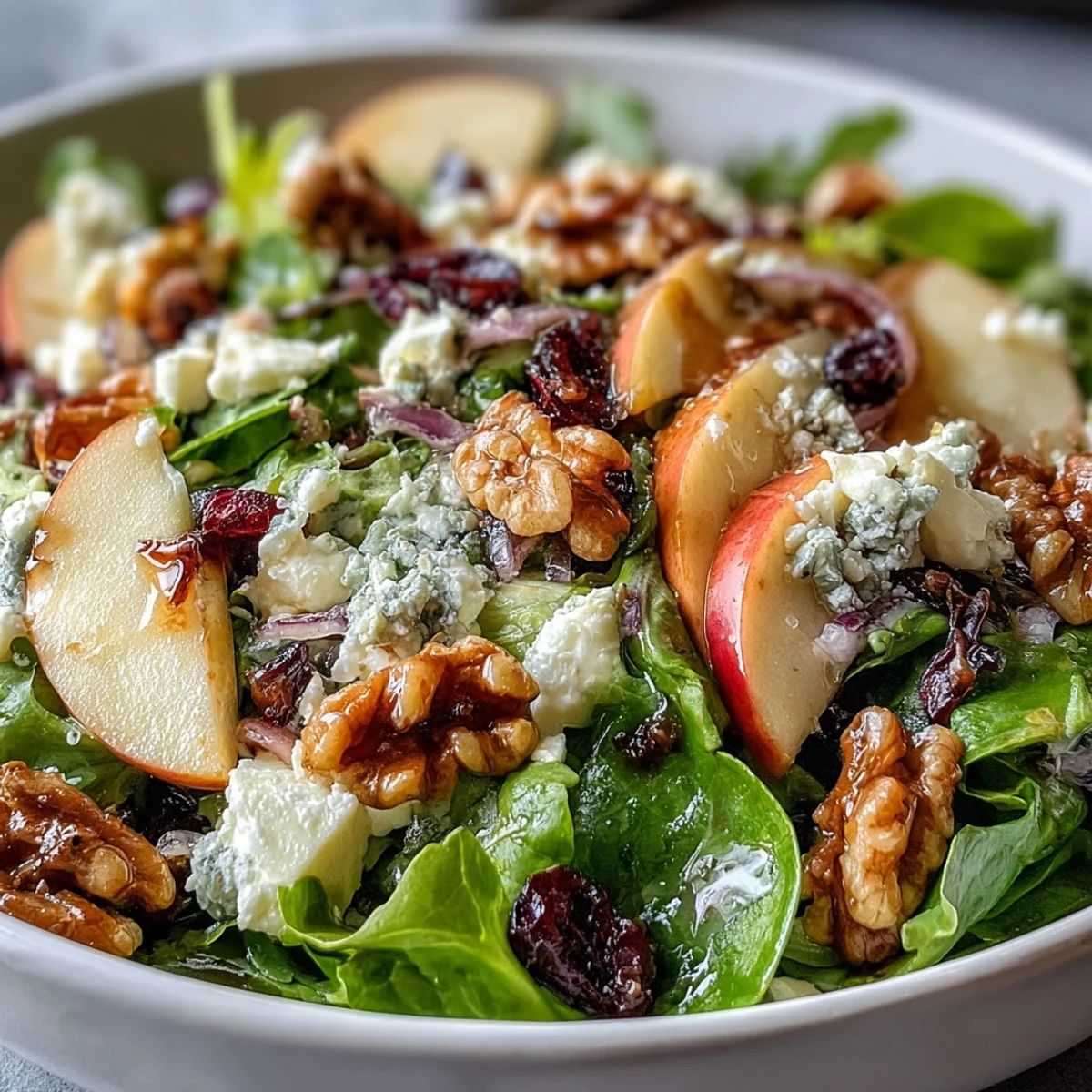 Colorful Mixed Greens and Apple Bowl with vibrant greens, sliced apples, and crumbled goat cheese, perfect for a healthy side dish.