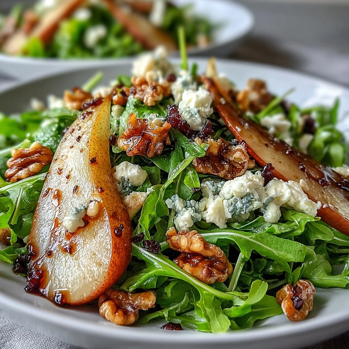 Peppery arugula and sweet pear slices topped with creamy blue cheese and toasted walnuts in the Arugula and Pear Bowl.