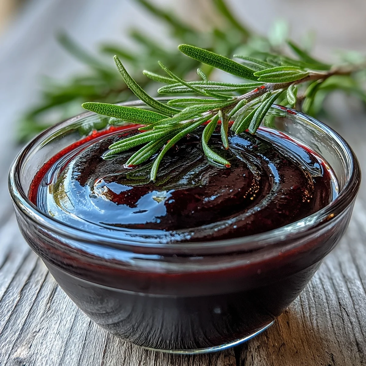 Small glass jar of homemade Black Currant and Rosemary Reduction beside a bowl of roasted vegetables.