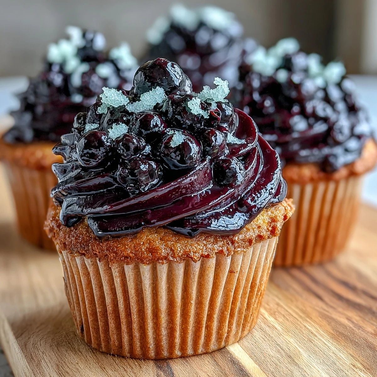 Twelve tender olive oil cupcakes with vibrant black currant frosting, garnished with lemon zest on a rustic serving platter.