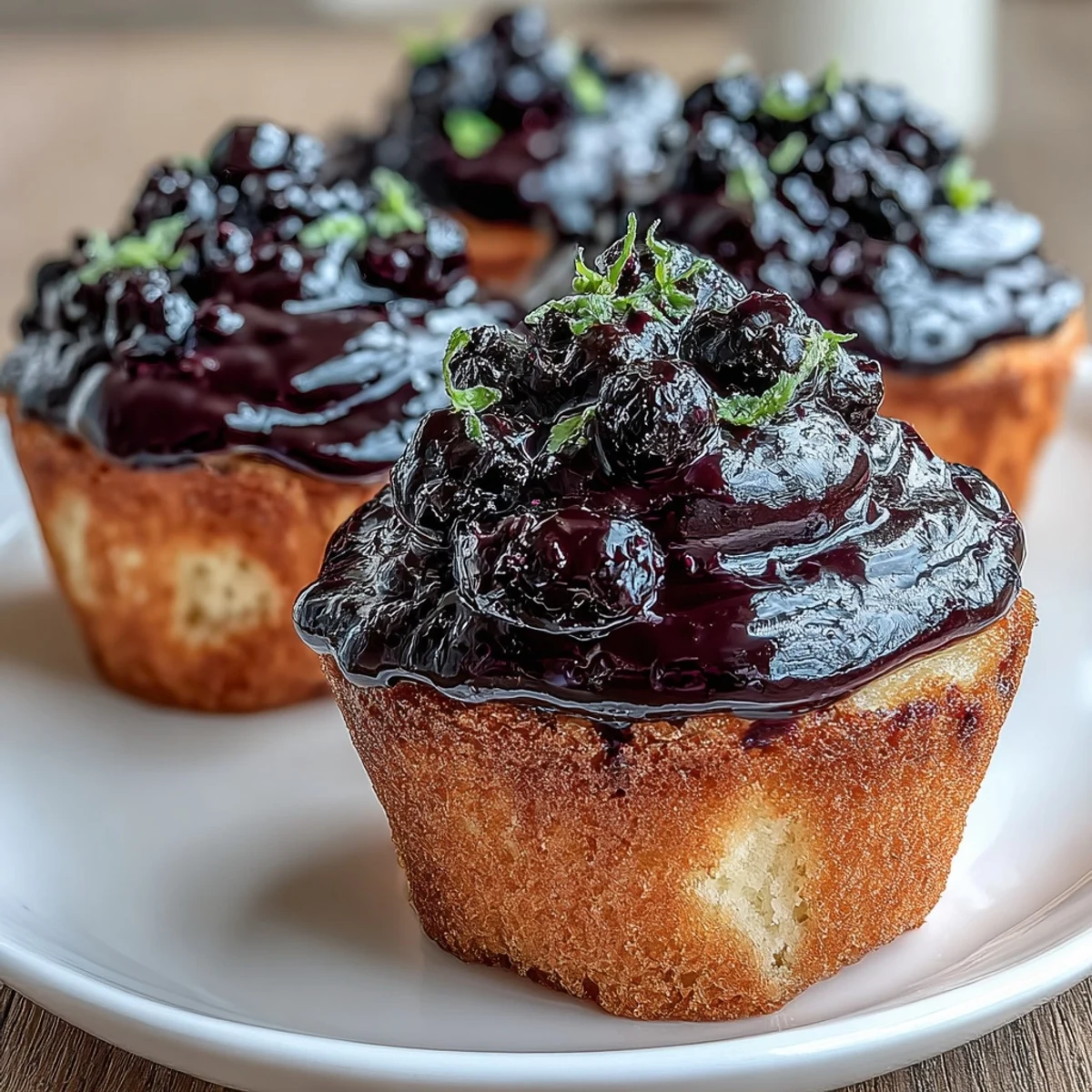 Delicious olive oil cupcakes featuring tangy black currant frosting and a dusting of powdered sugar, perfect for afternoon tea.