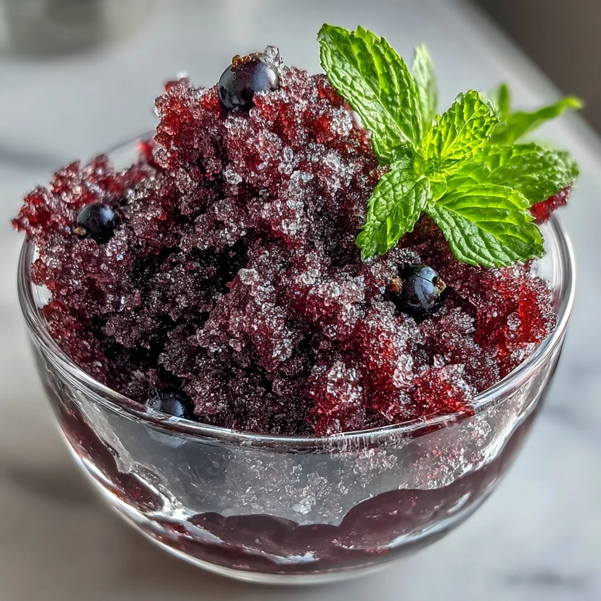 Fork-scraped icy crystals of Black Currant Granita overflowing the side of a white ceramic bowl. 