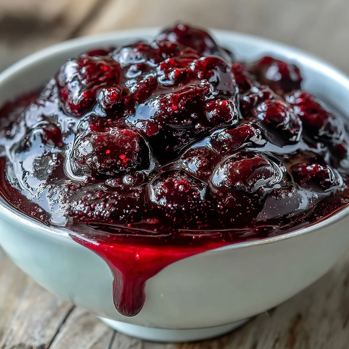 A glossy Black Currant Reduction sauce in a small pitcher, poured over a pan-seared duck breast served with roasted root vegetables.