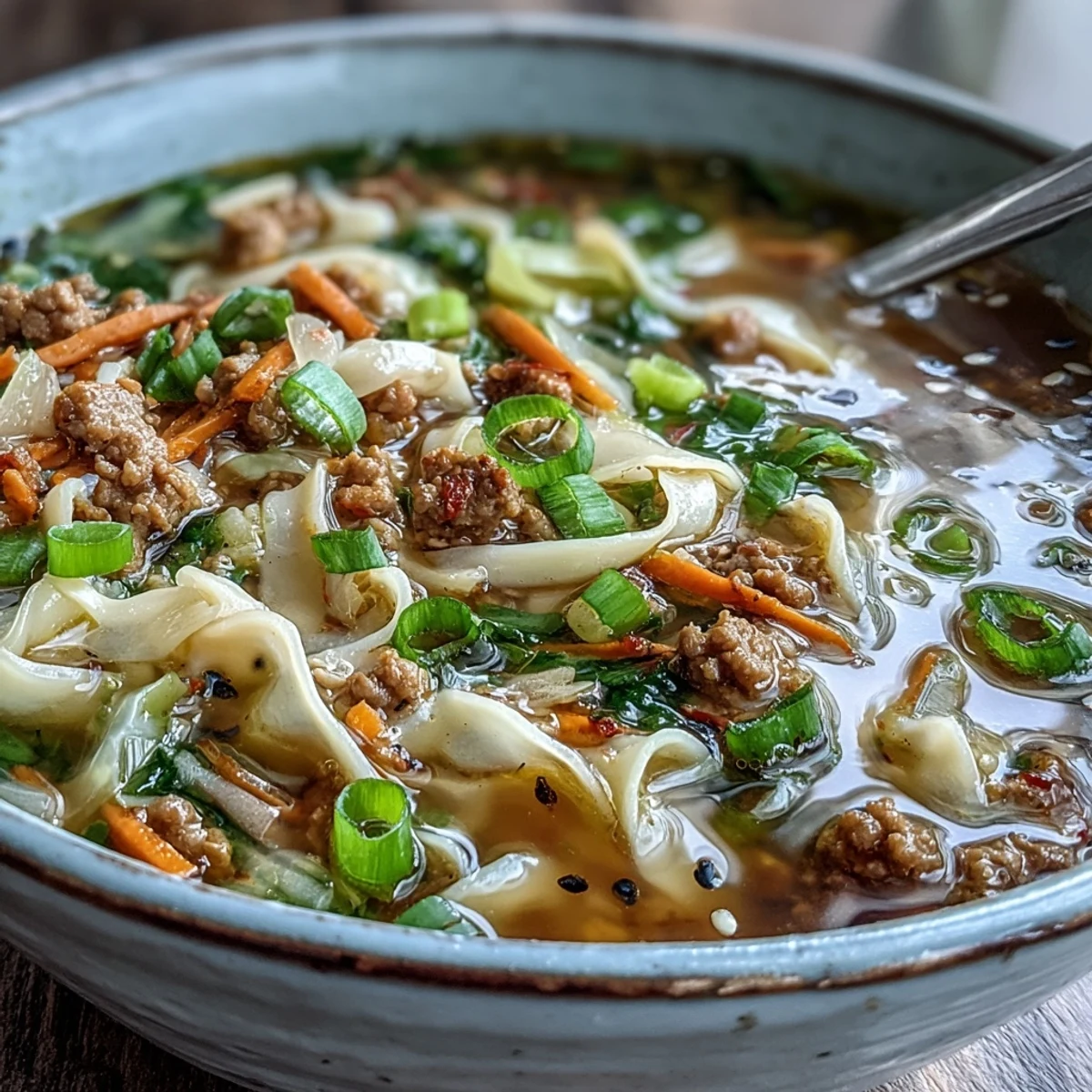 A spoon lifts silky egg ribbons from this savory Cozy One-Pot Egg Roll Soup with ginger.