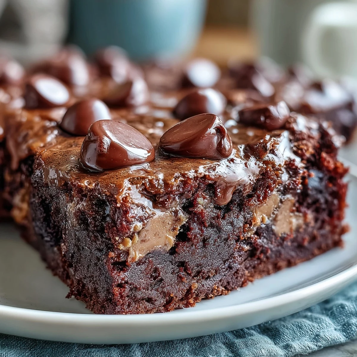 Decadent slice of Rich Peanut Butter Cup Dump Cake served warm with vanilla ice cream.