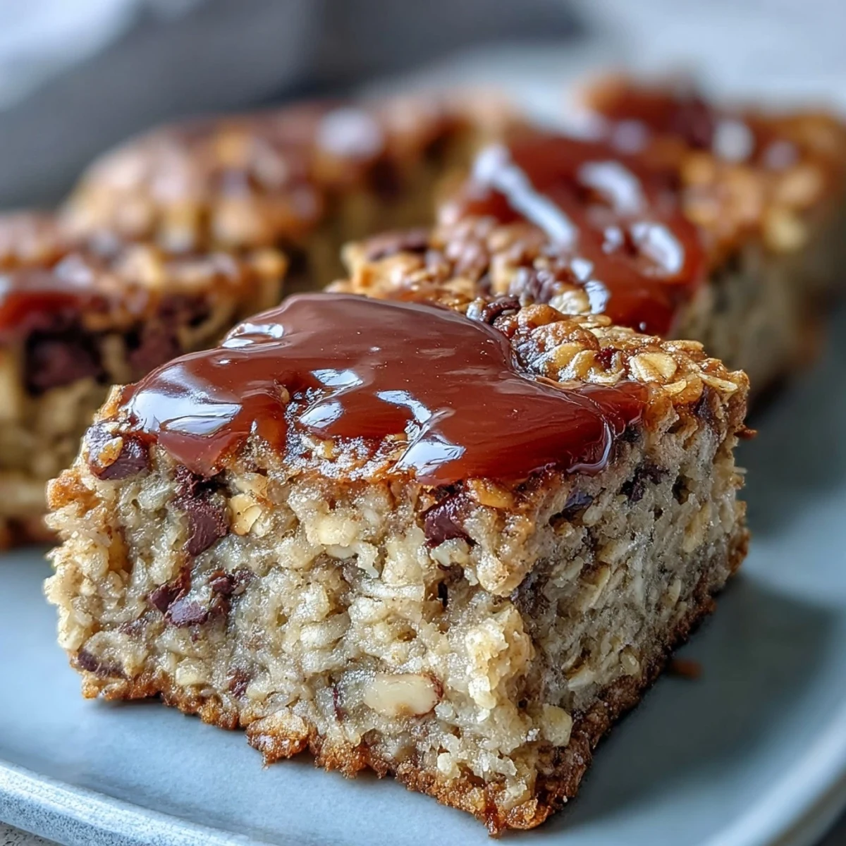 Golden-brown Baked Oatmeal Bars studded with chocolate chips and chopped nuts, resting on a rustic wooden board.