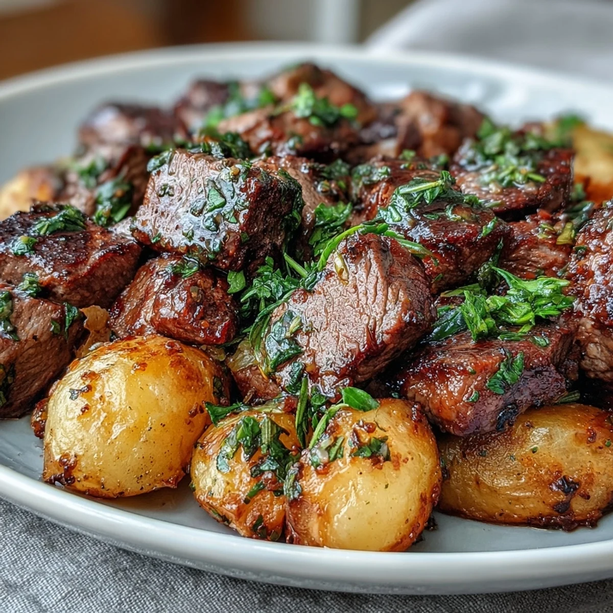 Golden potato cubes and seared steak bites glisten in garlic butter, served in a rustic skillet.