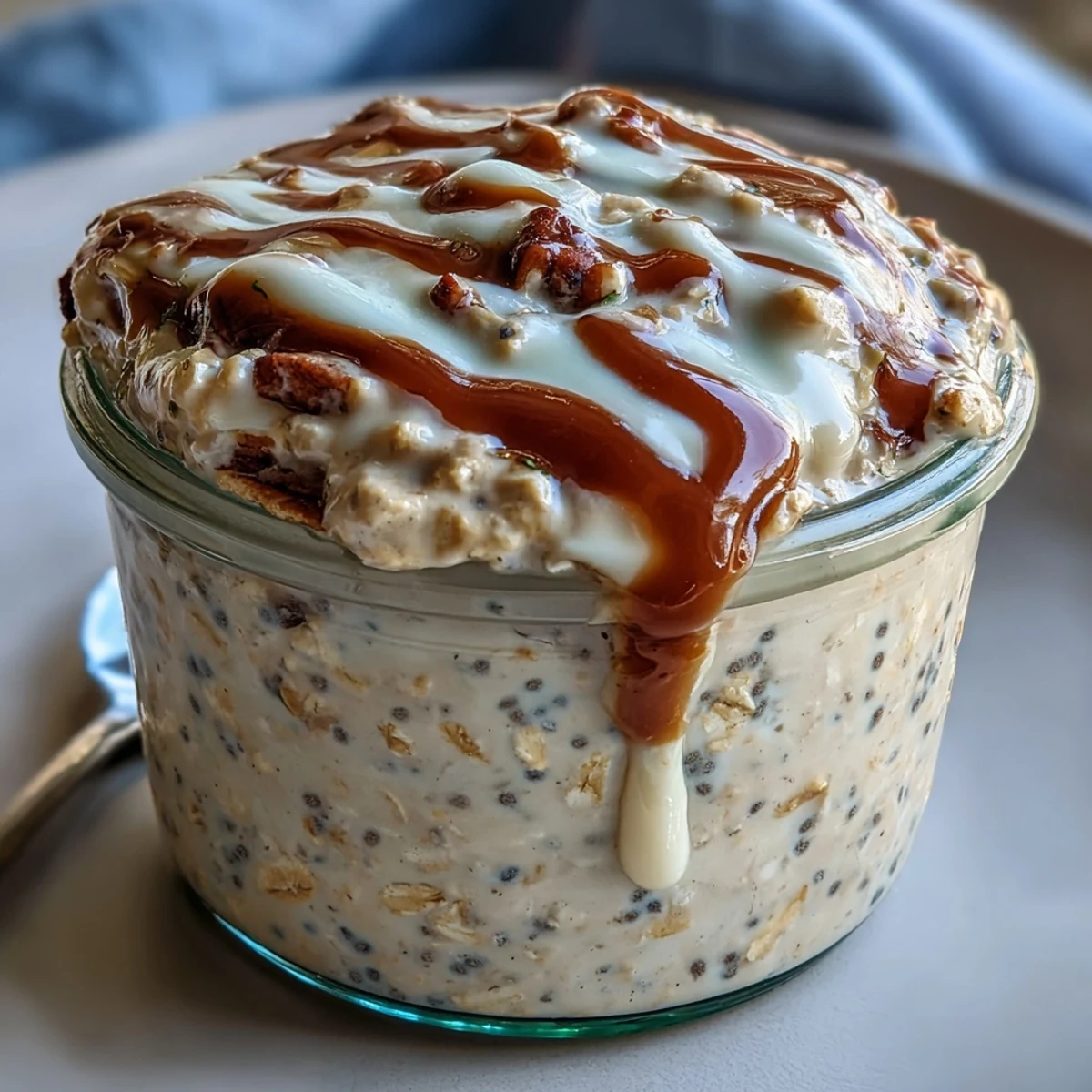 Overnight oats topped with sweet cream cheese drizzle and cinnamon, a perfect high-protein morning meal.