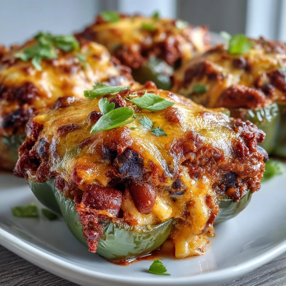 Golden cheddar melts over hearty chili mac and tender peppers, served warm in a baking dish ready to slice.