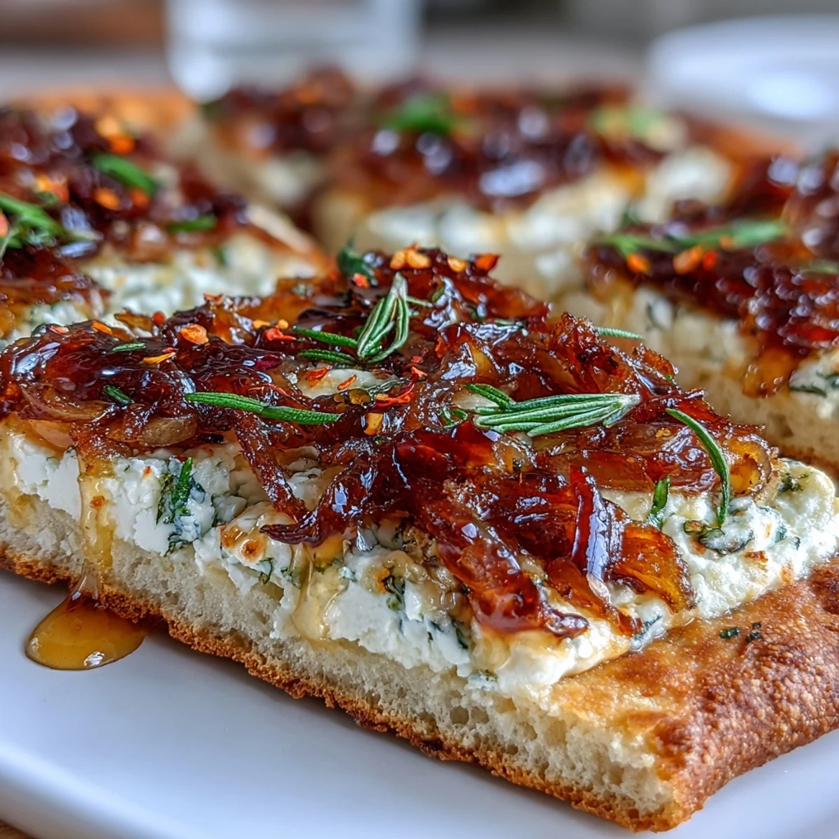Goat Cheese & Caramelized Onion Flatbread sliced into wedges, ready to serve for a party appetizer.