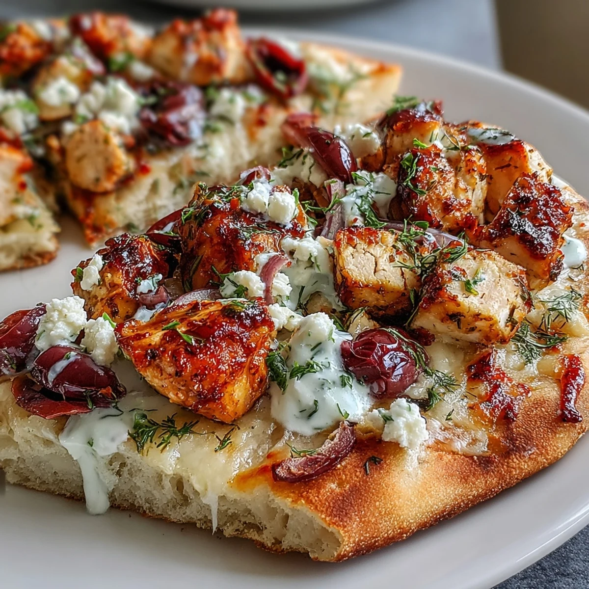 Golden-brown Lemon Feta Chicken Naan Pizza slices topped with fresh dill and red onion, served with lemon wedges.