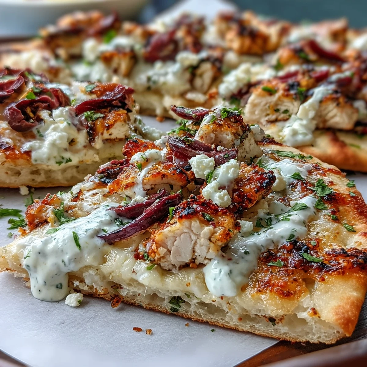 Freshly baked Lemon Feta Chicken Naan Pizza garnished with parsley, ready to be sliced for a quick weeknight dinner.