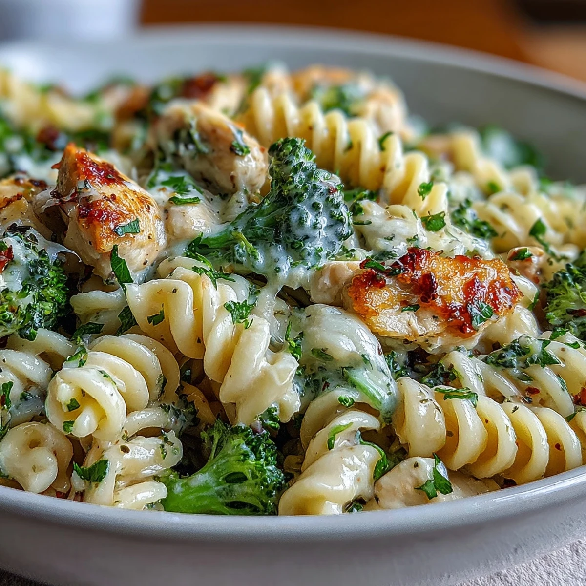 Creamy Garlic Parmesan Broccoli & Chicken Pasta served in a skillet, topped with fresh parsley and extra Parmesan.