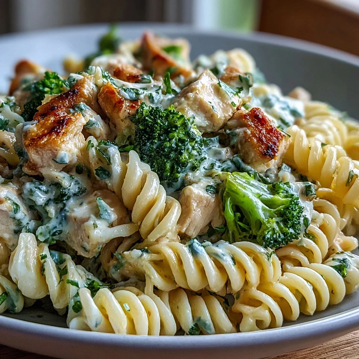 Steamy Garlic Parmesan Broccoli & Chicken Pasta plated with a side salad, perfect for a cozy weeknight dinner.