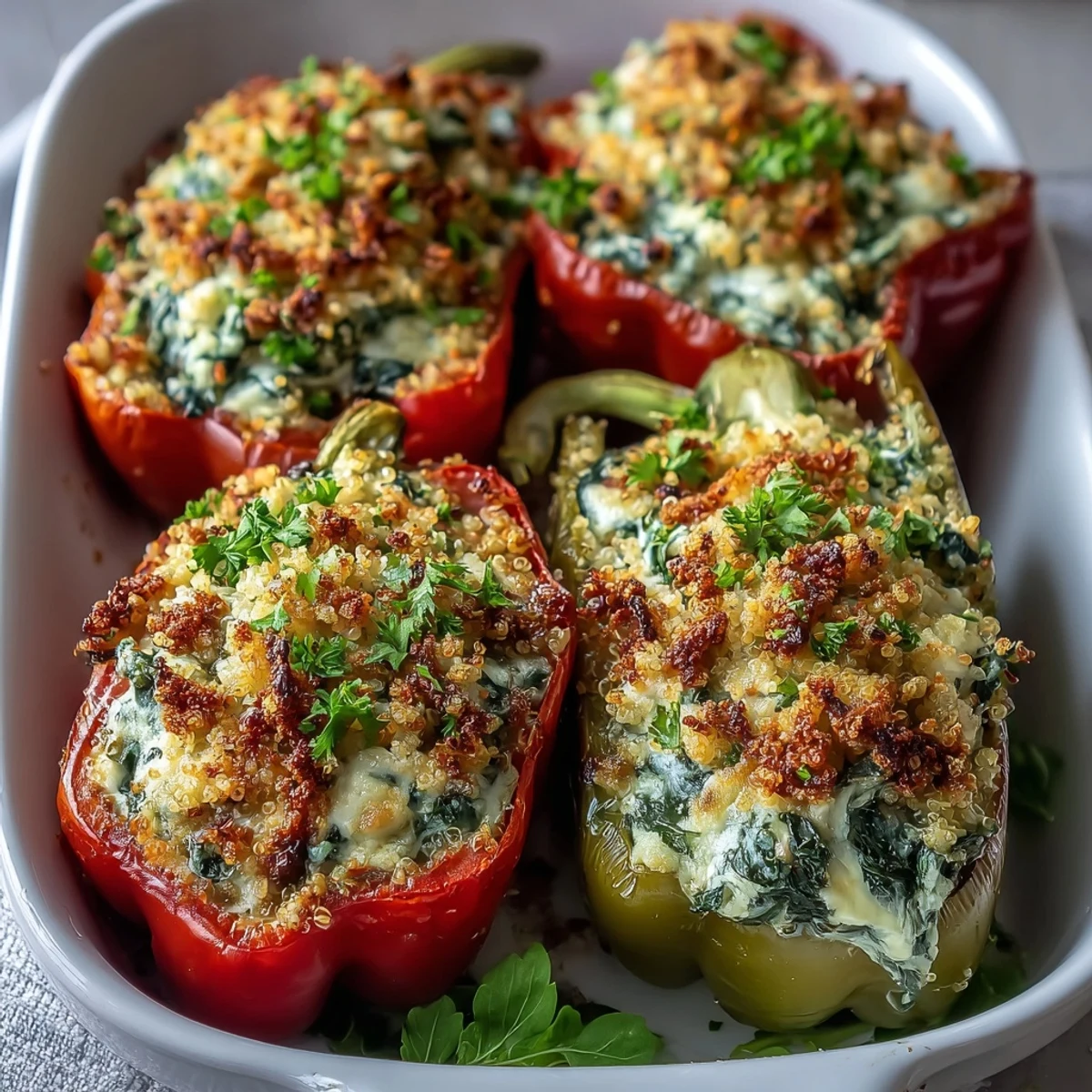 Four colorful bell peppers stuffed with a creamy, savory Vegan Spinach and Artichoke filling and golden breadcrumbs.