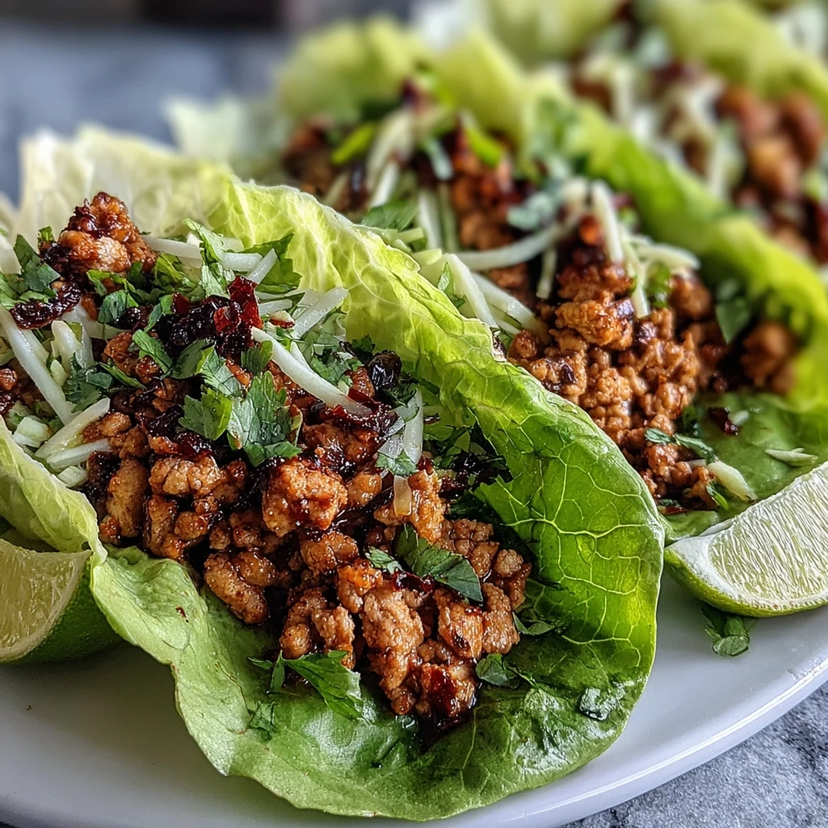 Skinny Spicy Turkey Lettuce Tacos with Mango Slaw are loaded with lean turkey and vibrant slaw in crisp lettuce cups.
