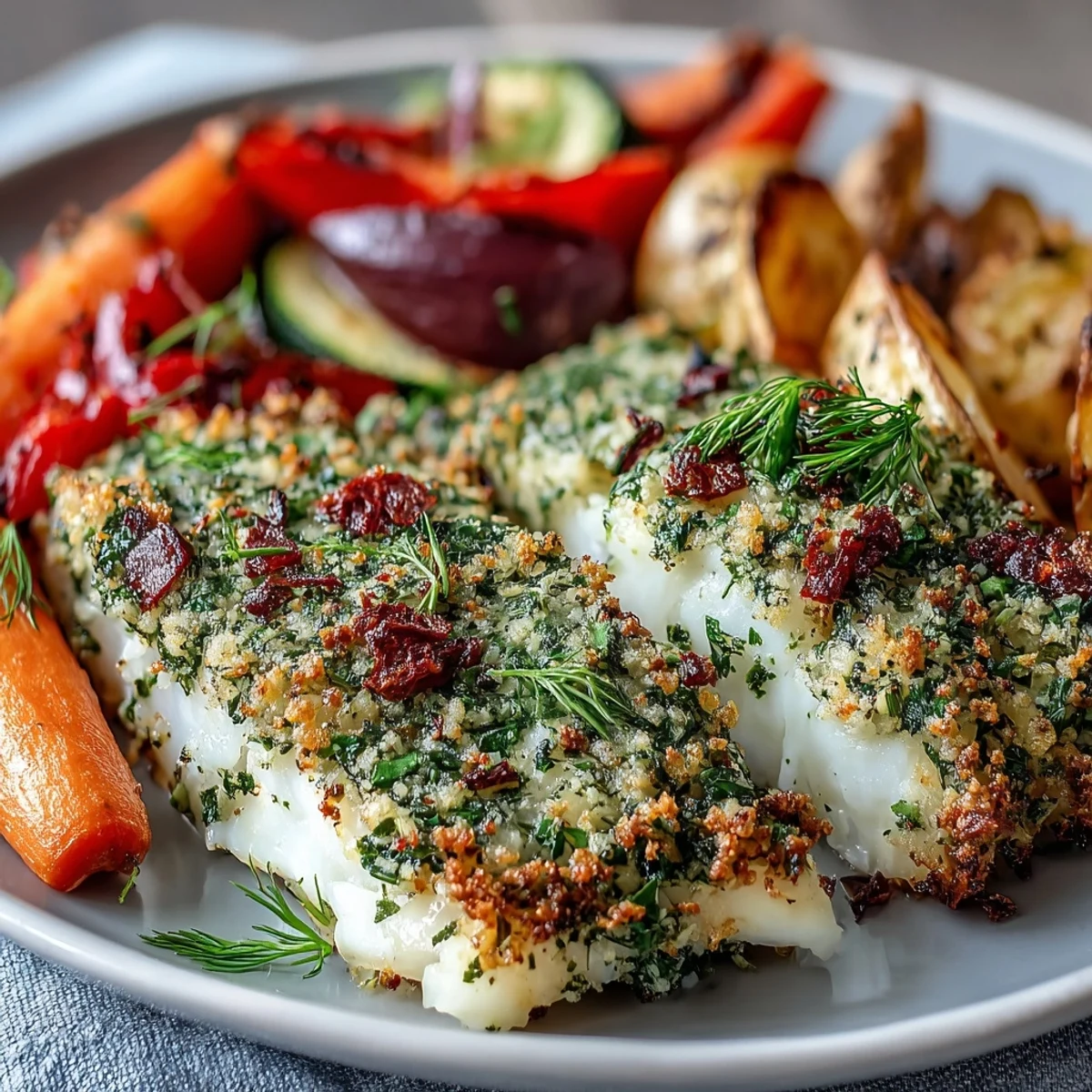 A close-up of Herb-Crusted Baked Cod with Roasted Vegetables, highlighting the crispy herb topping and flaky white fish texture.