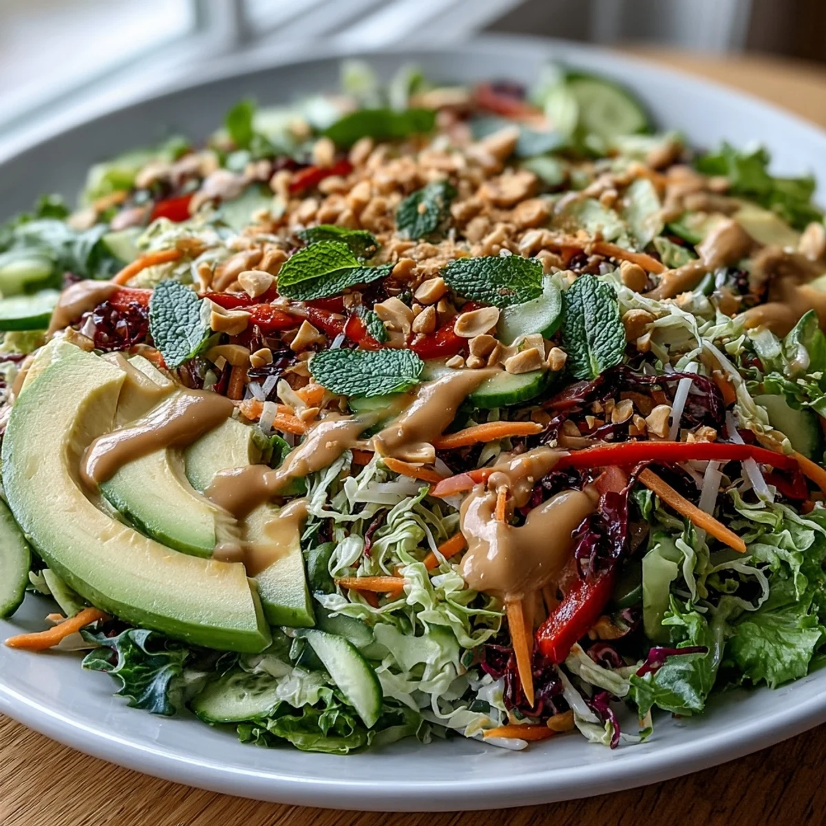 Vibrant Vegan Spring Roll Salad topped with creamy peanut dressing, avocado, and crunchy peanuts for a fresh, healthy meal.