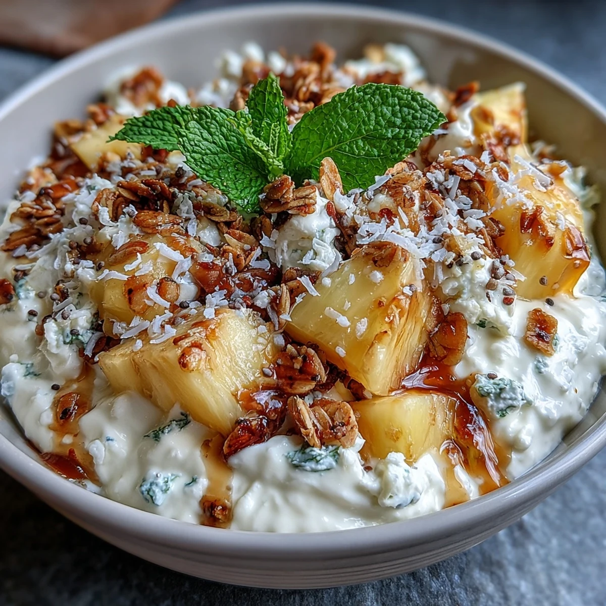 Overhead view of Cottage Cheese Breakfast Bowl with Pineapple and Granola beside a spoon, fresh mint, and bright breakfast light.