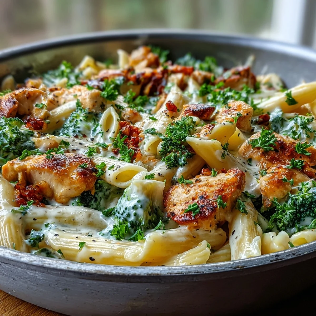 Creamy Garlic Parmesan Broccoli & Chicken Pasta with tender chicken and crisp broccoli in a rich sauce.