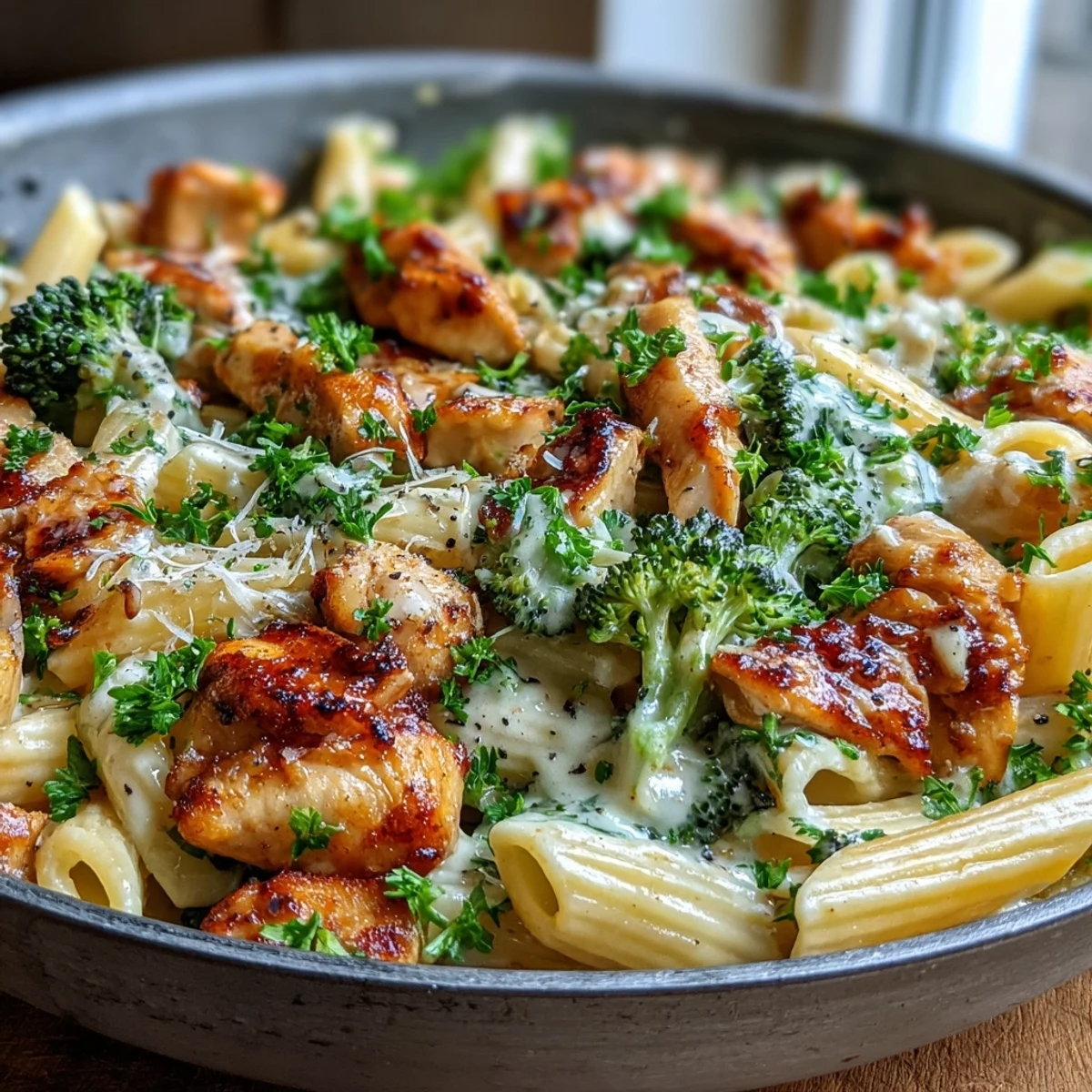 Golden chicken and al dente noodles in Garlic Parmesan Broccoli & Chicken Pasta with broccoli florets.