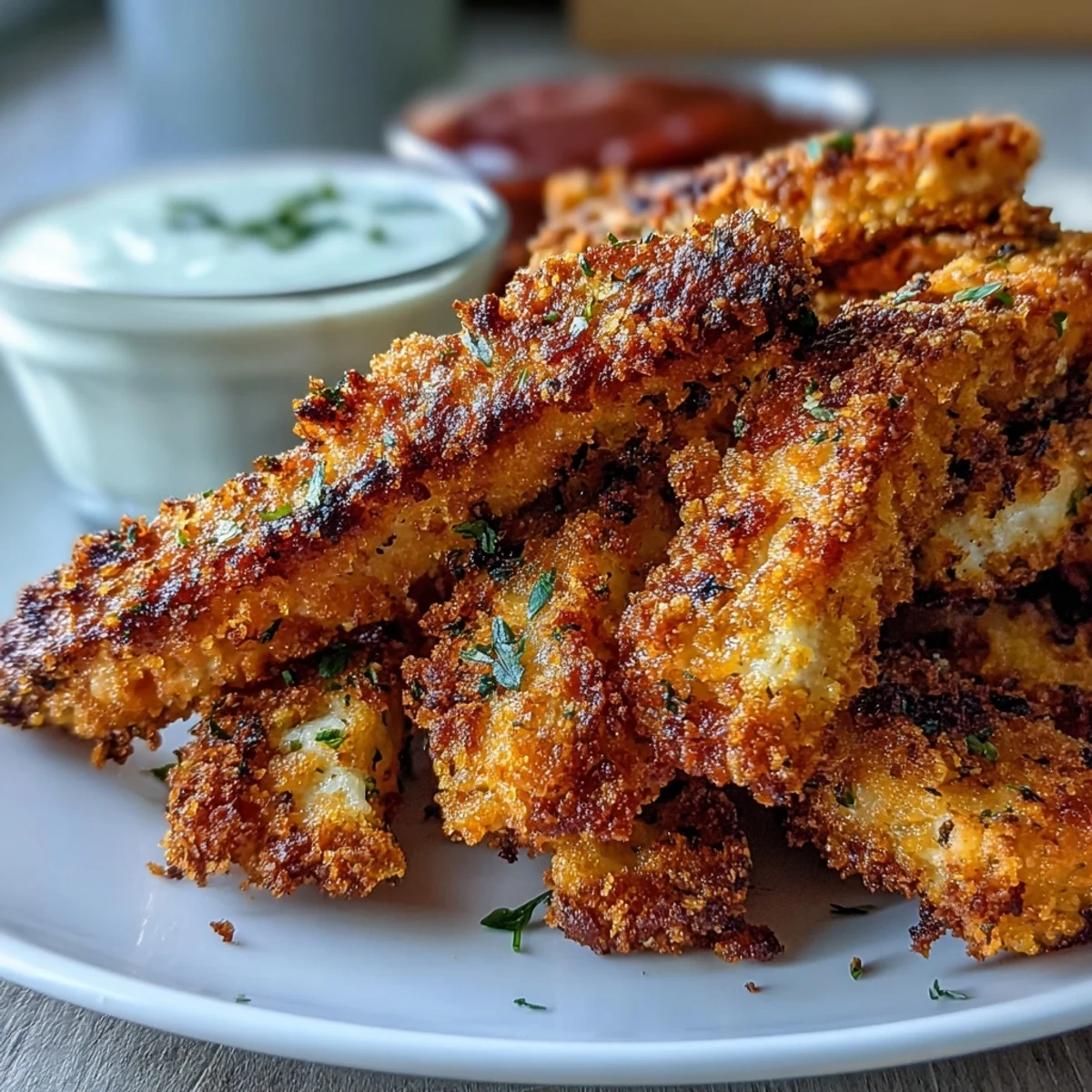 Crispy baked chicken parmesan fries with a golden, crunchy coating, served hot from the oven.